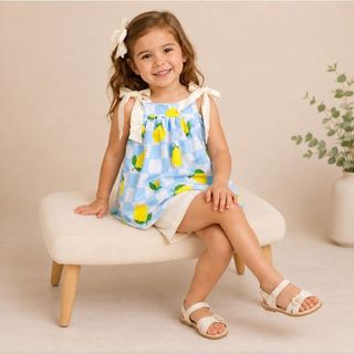 Conjunto Infantil Look Menina Blusa e Short Crepe Xadrez Estampa Limão Verão