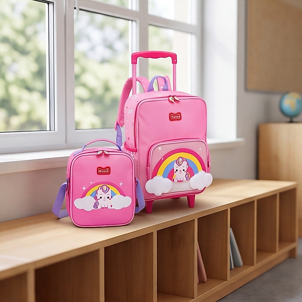 Kit Mochila Escolar Infantil de Rodinhas Unicórnio Com Lancheira Térmica Estudo Menina Cor Rosa Kouii
