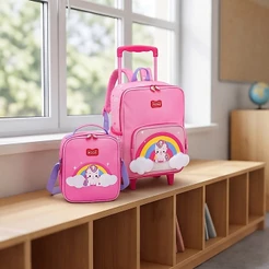 Kit Mochila Escolar Infantil de Rodinhas Unicórnio Com Lancheira Térmica Estudo Menina Cor Rosa Kouii