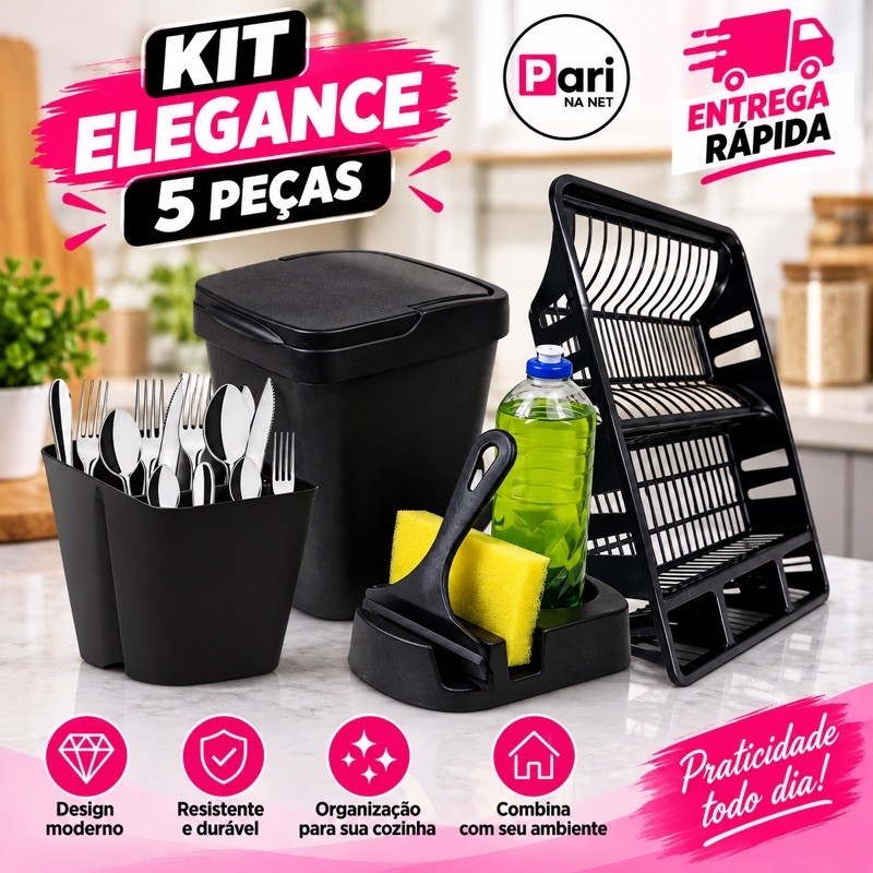 Kit Pia Cozinha Multiuso Lixeira Rodo de Pia Porta Detergente Porta Talher Escorredor de Louças 5 Peças