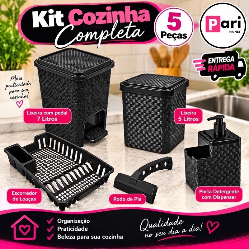 Kit Cozinha Completa Lixeira Pia 5 Litros + Lixeira 7 Litros + Porta Detergente + Rodinho de Pia + Escorredor Louça