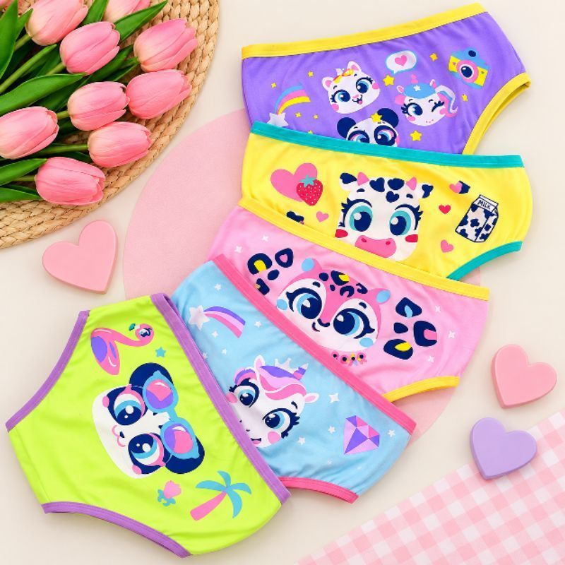 kit 5 Calcinhas Infantil de Algodão Estampa Bichinhos Colorido Confortável Desfraude Lisa Bebê Menina Personagens