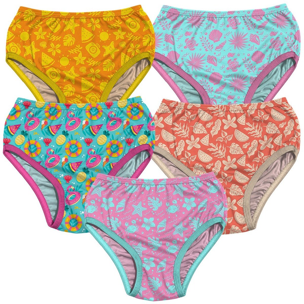 Kit 5 Calcinhas Infantil Menina Estampas Sortidas Forro 100% Algodão Macia 2 a 8 Anos