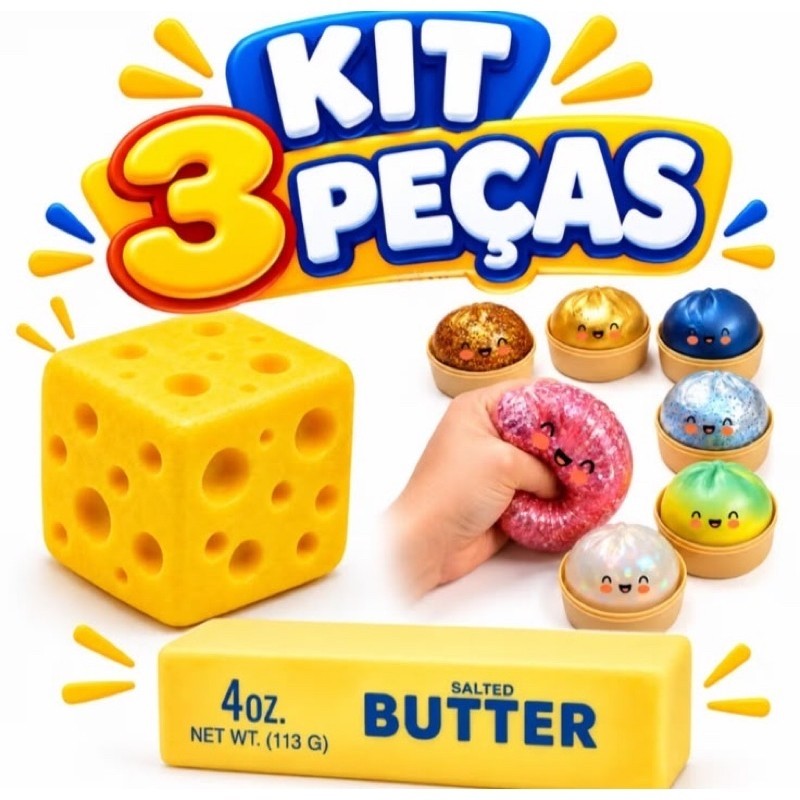Kit 3 Squishy Queijo Manteiga Dumpling Brinquedo Sensorial Macio FoFo Antistresse gostoso de apertar