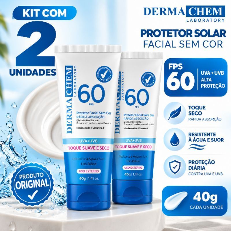 Protetor Solar Facial DermaChem FPS 60 – Toque Seco, Rápida Absorção, Resistente à Água, Uso Diário – 40g