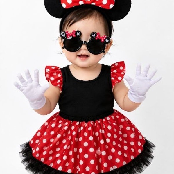 Kit Fantasia Minnie Vermelha baby até 2 anos– Saia de Bolinhas+Tiara com Orelhas+óculos+luvas (NÃO ACOMPANHA O BODY)