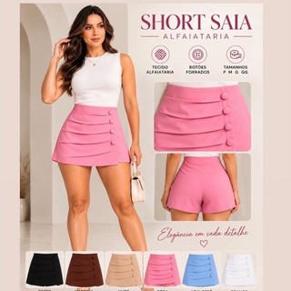 Shorts Saia Alfaiataria Feminino Social Elegante Com Botões Encapado