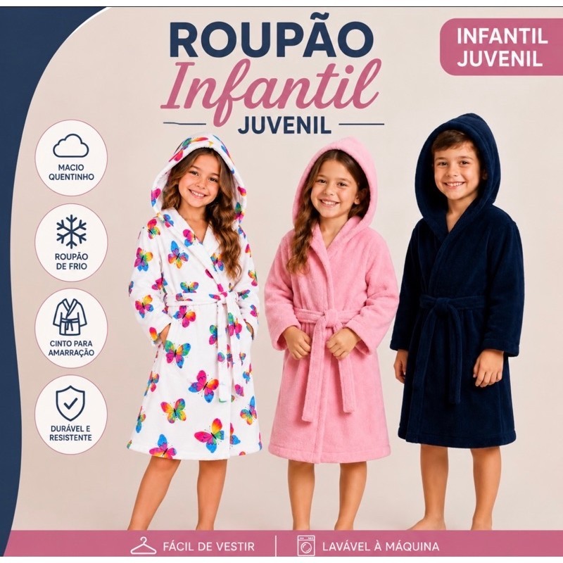 Roupão Infantil Banho Microfibra Com Capuz Manga Longa Unissex