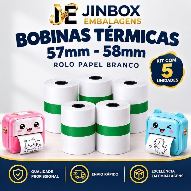 KIT 05 Bobina Térmica 57mm 58mm Papel Térmico Branco Rolo Refil Mini Impressora Portátil Maquininha