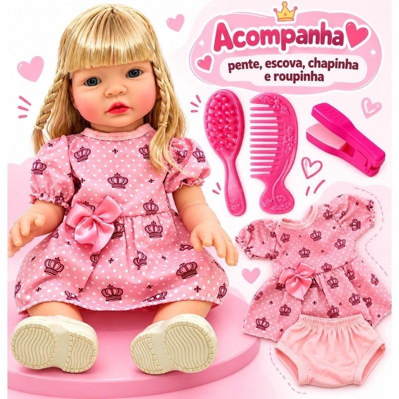 Boneca Alicia Bebê Alicia 45cm em Vinil Macio Menina Realista com Vestido Rosa e Sapatos