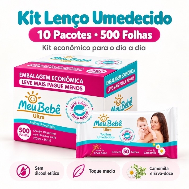 Kit 500 Lenços Umedecidos Meu Bebê Ultra 10 Pacotes 50 Folhas Sem Álcool Camomila