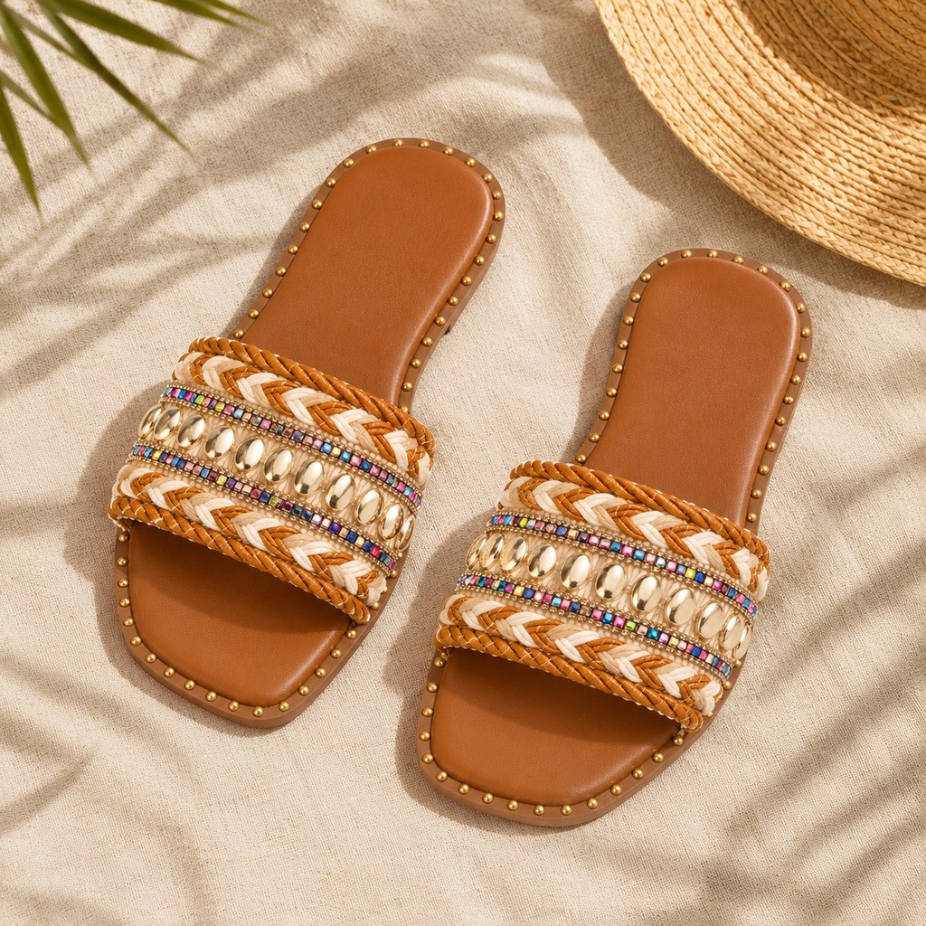 Rasteira Feminina Metalizada Indiana Boho Caramelo Sandália Artesanal Bico Quadrado Confortável Leve