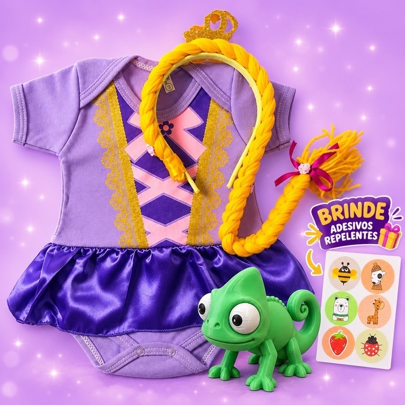 Body +tule + Tiara Bebê Fantasia Mesversario Menina Rapunzel
