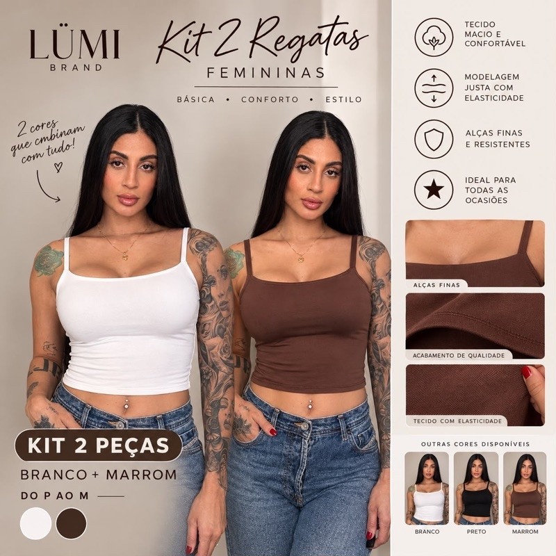 Kit 2 Regatas Alcinha Slim Ajustada Básica Confortável Poliamida com Elastano Premium