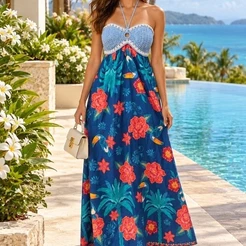 Vestido Longo Feminino Floral |Luxo Busto em Crochê |Elegante