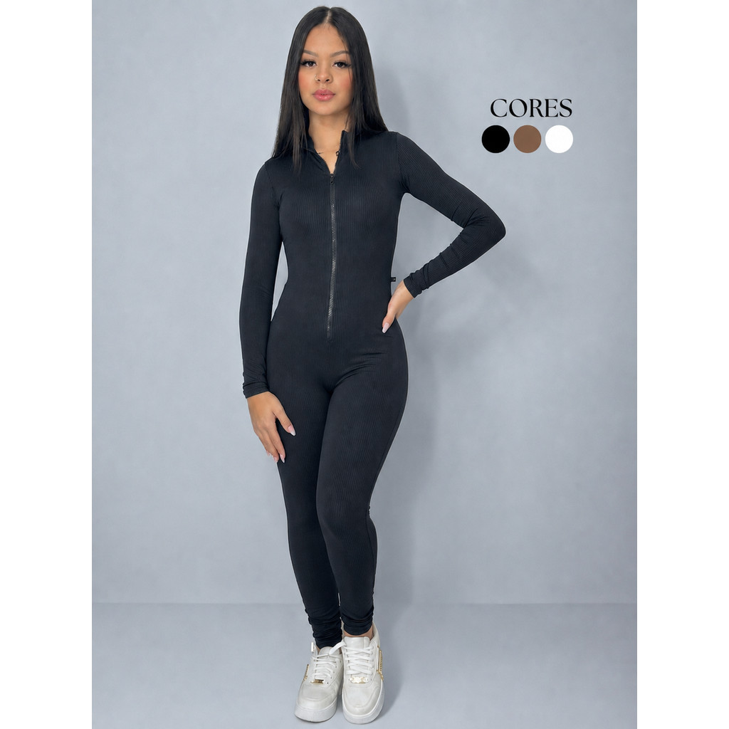 Macacão Canelado Feminino Virginia Manga Longa E Calça Ziper Premium Moda Gringa Casual Fitness
