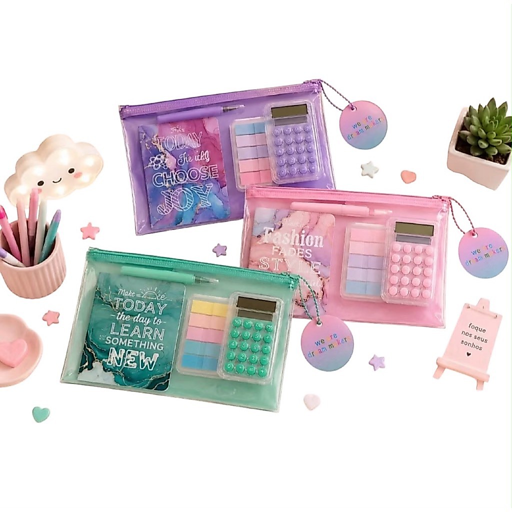 Kit Papelaria Fofa Completo com Estojo Transparente Mini Caderneta, Caneta, Mini Calculadora - Papelaria Criativa