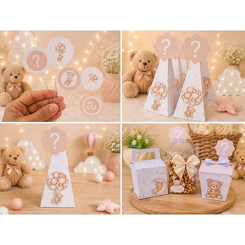 Caixas Personalizadas Chá Revelação Neutro Bege/ursinhos