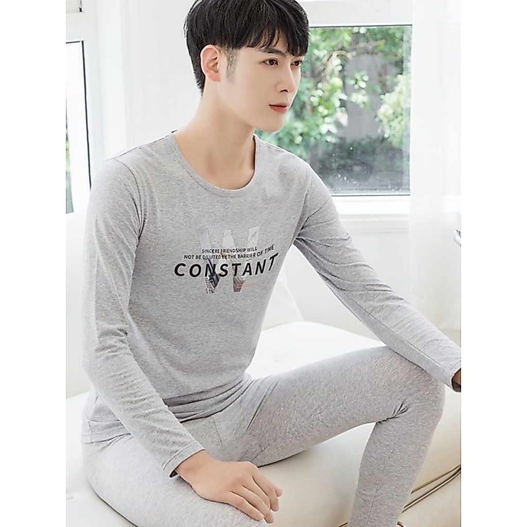 2023 novo estilo roupas de outono masculinas calças compridas conjunto roupa interior fino simples impresso roupa interi