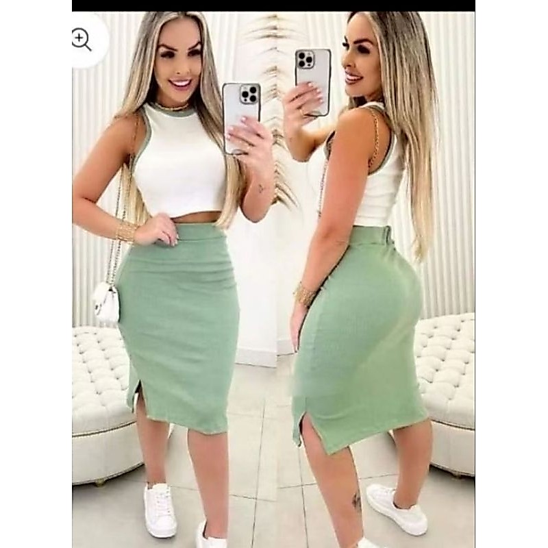Conjunto Saia Midi E Cropped Ana Ruga Canelado Bicolor Casual