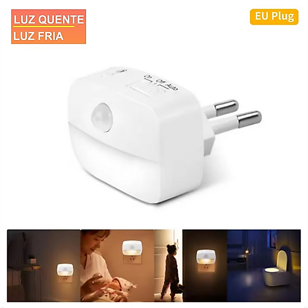 Luminária Sensor Movimento Luz Noturna LED Quente Fria Tomada Sensor Presença