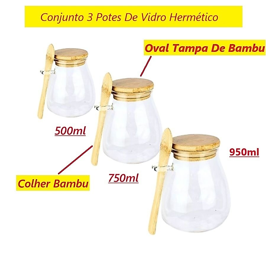 OFERTA Potes De Vidro Hermético 230ML 410ML 690ML 1050ML Com Oval Tampa E Colher Bambu Para Organização