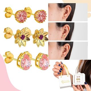 Kit Trio Brinco Gota E Flor Zirconia Rosa Banhado A Ouro 18k Presente Moda Feminina