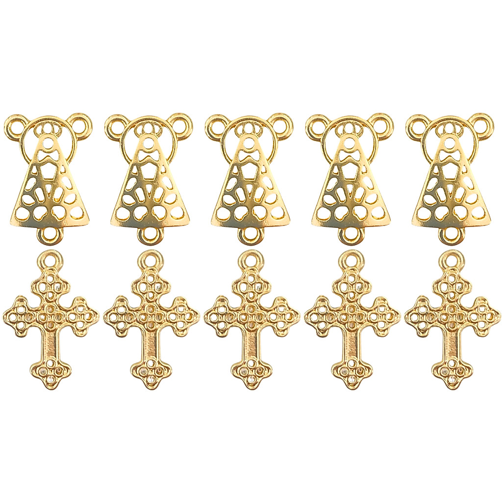 KIT 5 Pingente Crucifixo + 5 Entremeio Nossa Senhora Aparecida Para Terço Cruz Dourado Cataforético