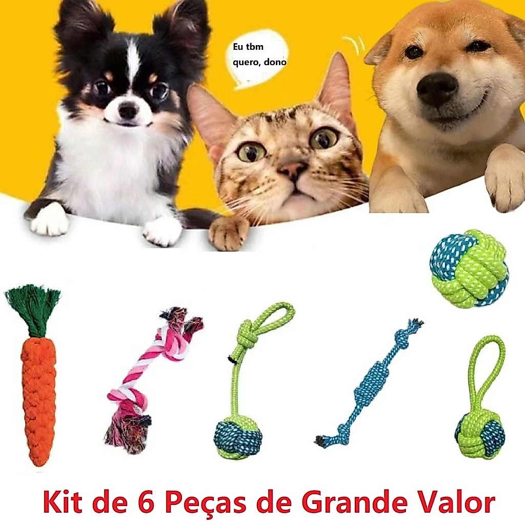Kit 6 Brinquedos para Cães Mordedores Resistentes – Bola, Corda e Brinquedos Interativos para Filhotes e Adultos