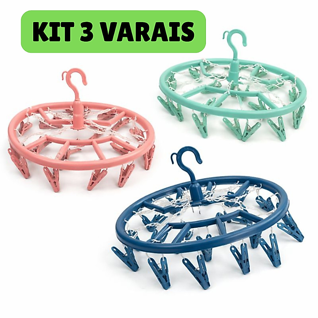 KIT com 3 Varal Circular Roupa Íntima Multiuso 18 Prendedores Para Calcinha Meias Sutiã
