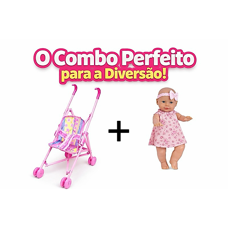 Kit Carrinho de Boneca Rosa 46cm + Boneca 33cm Presente Ideal Para Meninas.