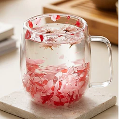Xícara Parede Dupla de Vidro Flor Rosa Seca 350ml – Ruvolo