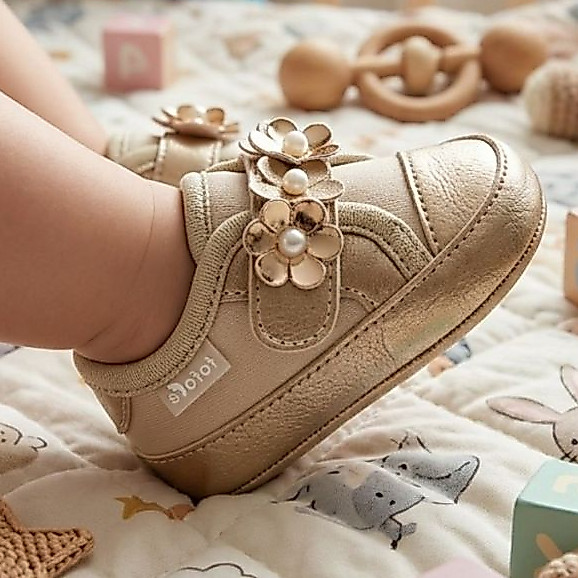 Tênis Sapatinho Bebê Menina Luxo Confortável Flores com Pérola Blogueirinha Casual