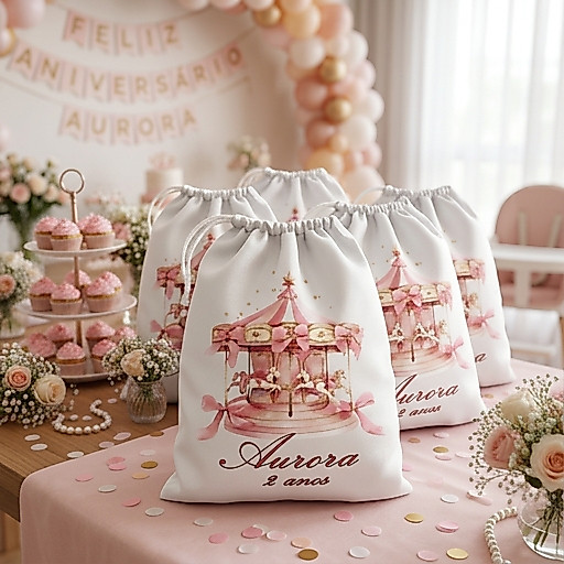 10 sacolinhas personalizada tecido CARROSEL AQUARELADO lembrancinhas festa de aniversario 30cmx20cm