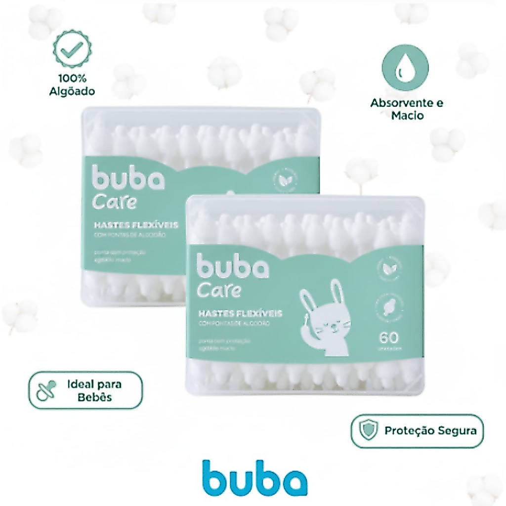 Cotonetes Hastes Flexíveis Buba Infantil Para Bebês Com 60/120/180/240 Unidades