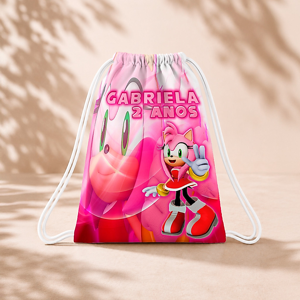 10 Mochila Personalizada Infantil 18x26 Sacolinhas Surpresa Festa Aniversário Lembrancinha Amy Rose Sonic
