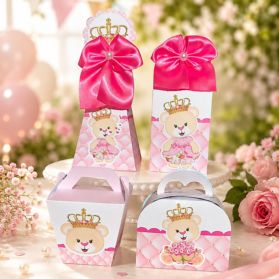 KIT DE CAIXINHAS URSINHA PRINCESA REALEZA PERSONALIZADAS PARA FESTA COM NOME E IDADE LEMBRANCINHA INFANTIL