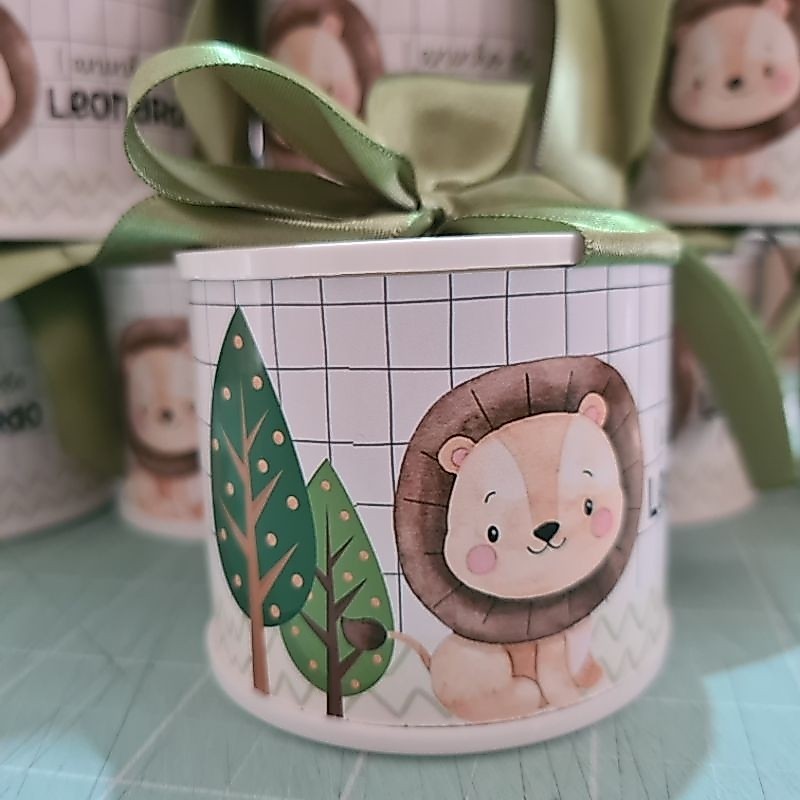 kit Mini Tubolata Personalizada 5x6 Leão Leãozinho Festa Aniversário Maternidade Lembrancinha Latinha Mimo Chá de bebê.