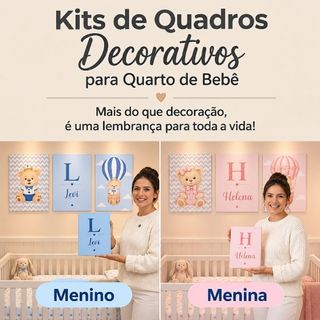 Kit 3 Quadros Personalizados Tema Ursinho e Ursinha Quarto de Bebê Menino e Menina