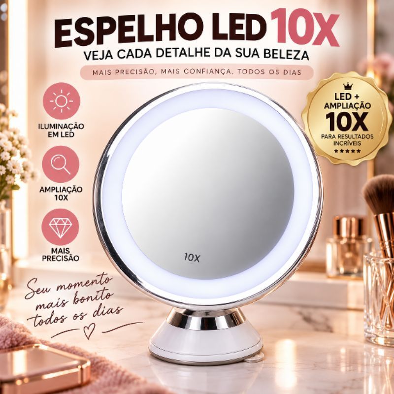 Espelho LED Redondo 10X Maquiagem Mesa com Luz Iluminação USB Portátil para Penteadeira