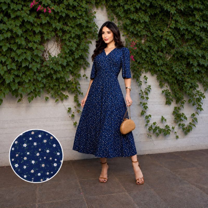 Vestido feminino midi luxo elegante decote v manga flare primavera verão Natal e ano novo
