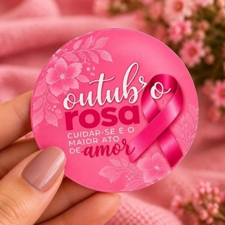 Tag Adesiva Outubro Rosa 6x6cm Redonda | Lembrancinha e Embalagem | Cartela de adesivo