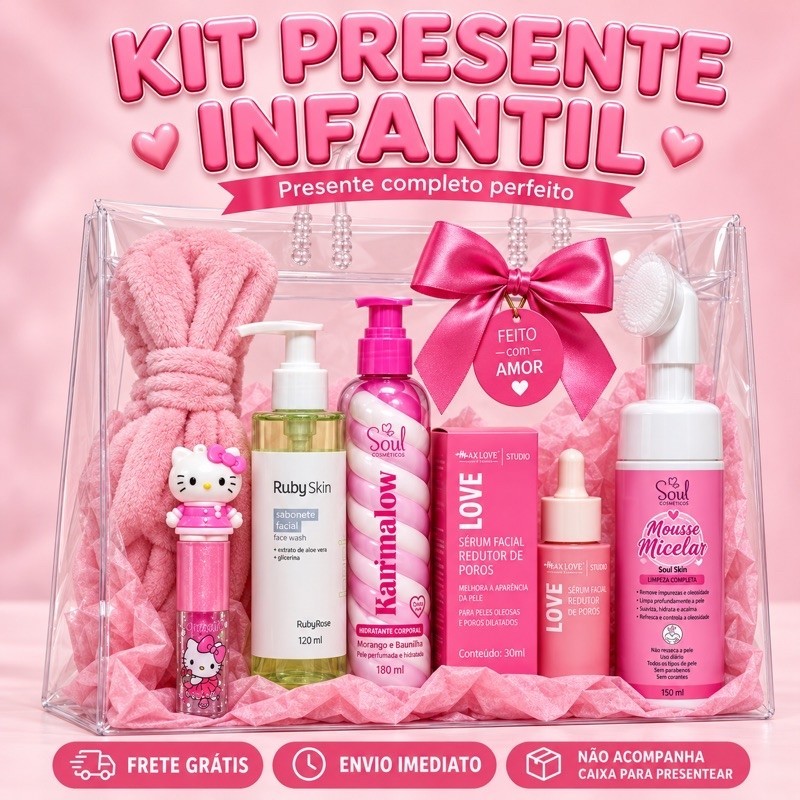 Ki7  Itens Presente Menina Infantil Skincare Completo Gloss Sabonete  Faixa Spa Mousse Micelar Sérum Facial
