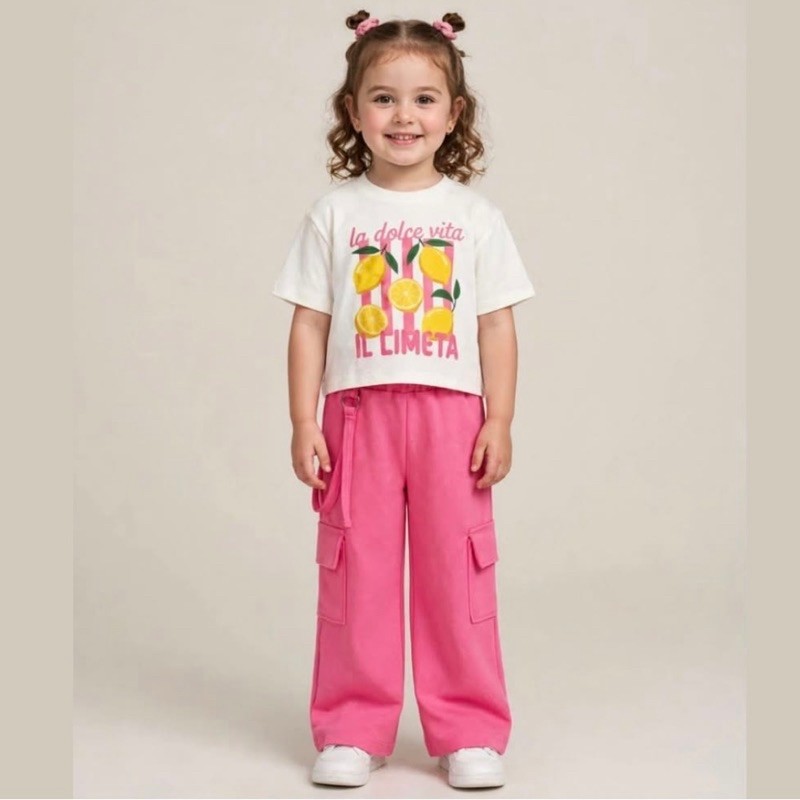 Conjunto Infantil Feminino La Dolce Vita Limão T-shirt + Calça Cargo Wide Leg Verão, Tamanhos 4 ao 10