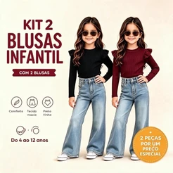 Kit 2 Blusas Infantis Manga Longa com Fru-Fru Ana Ruga Tam 4 ao 12