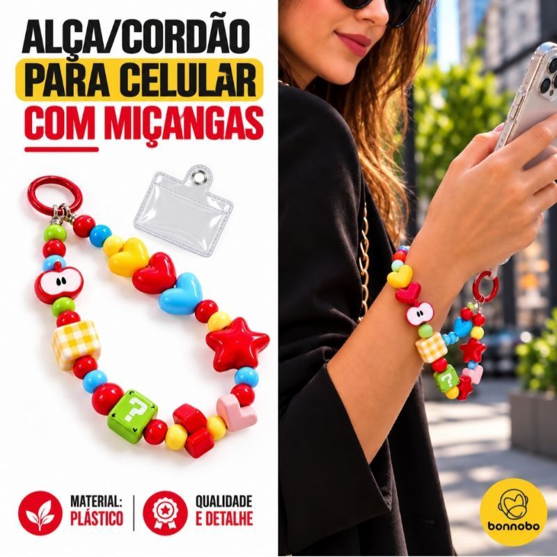 Alça para Celular de Pulso Cordão Corda Ajustável com Chaveiro Miçangas, Suporte para Smartphone Cel