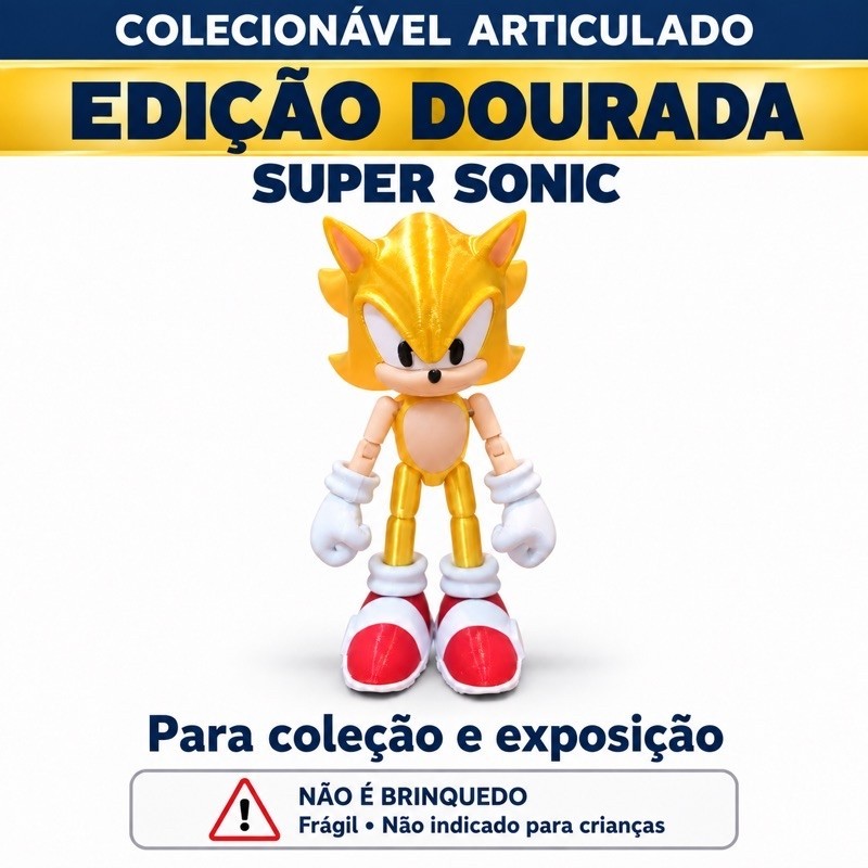 Super Sonic Edição Dourada 12cm | Boneco Colecionável Articulado para Decoração
