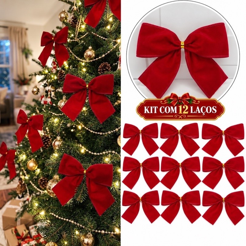 Kit 12 Laços Natalinos Pronto Árvore de Natal
