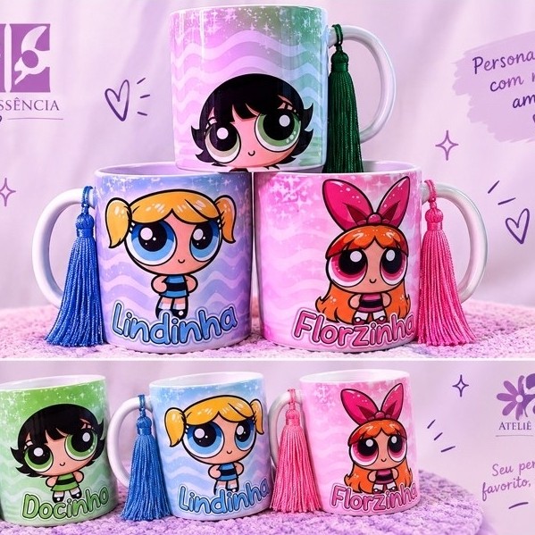 Caneca Personalizada Meninas Superpoderosas | Lindinha, Florzinha e Docinho | Presente Criativo