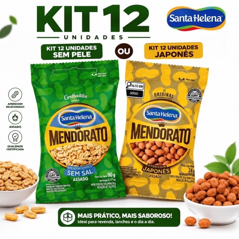 Kit 12 Amendoim Mendorato Santa Helena Sem Pele Sem Sal ou Japonês Assado Crocante Original 24g